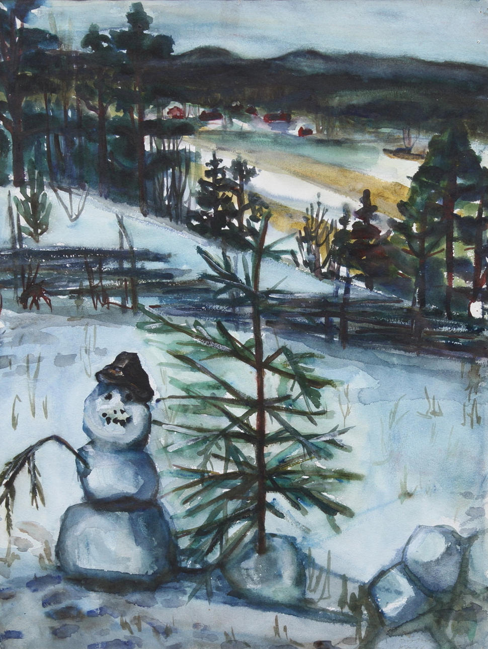 IDUN LOVÈN. Motiv med snögubbe. Akvarell. Signerad.