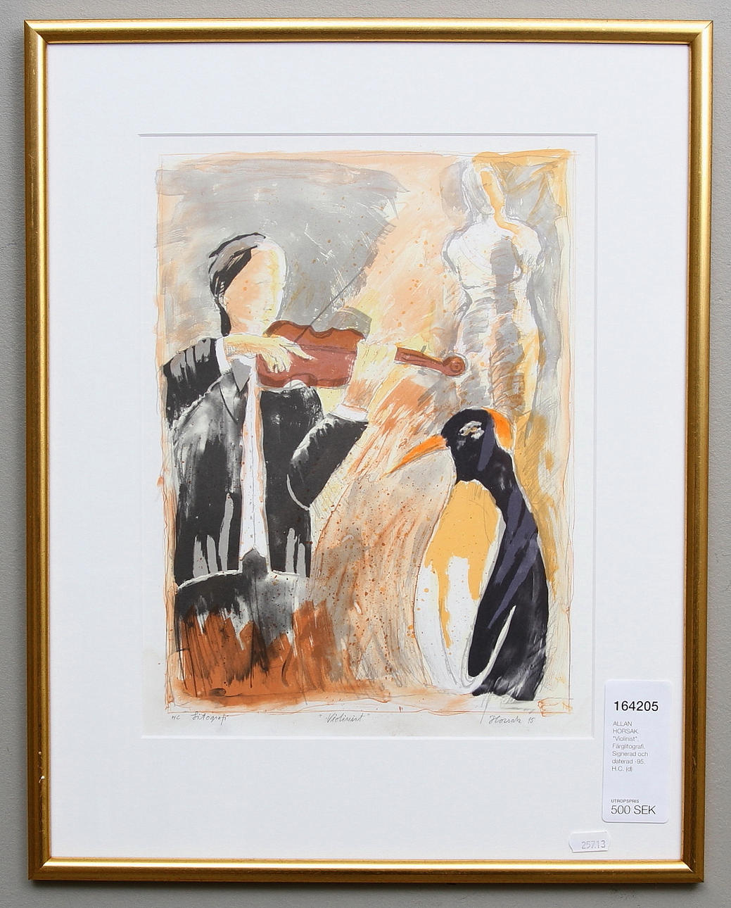 ALLAN HORSAK. "Violinist". Färglitografi. Signerad och daterad -95. H.C.