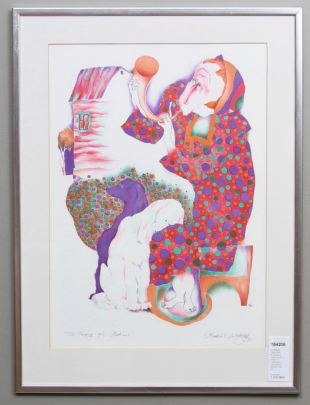 VLADIMIR GALATSKY. Komposition med man som blåser i lur. Färglitografi, signerad och daterad 1980.