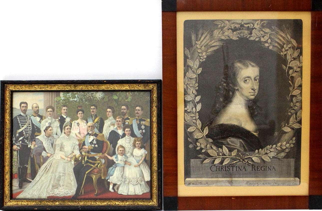 TAVLOR, kungaporträtt Oskar 11 tryck, Drottning Christina, etsning.