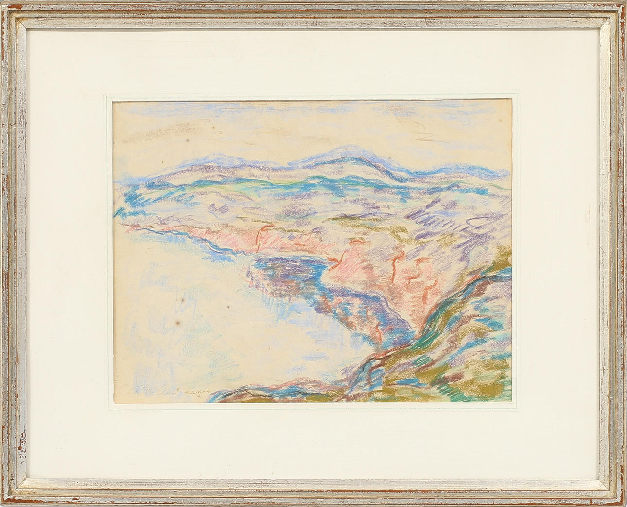 FOLKE ANDREASSON. Kustlandskap, krita,signerad.