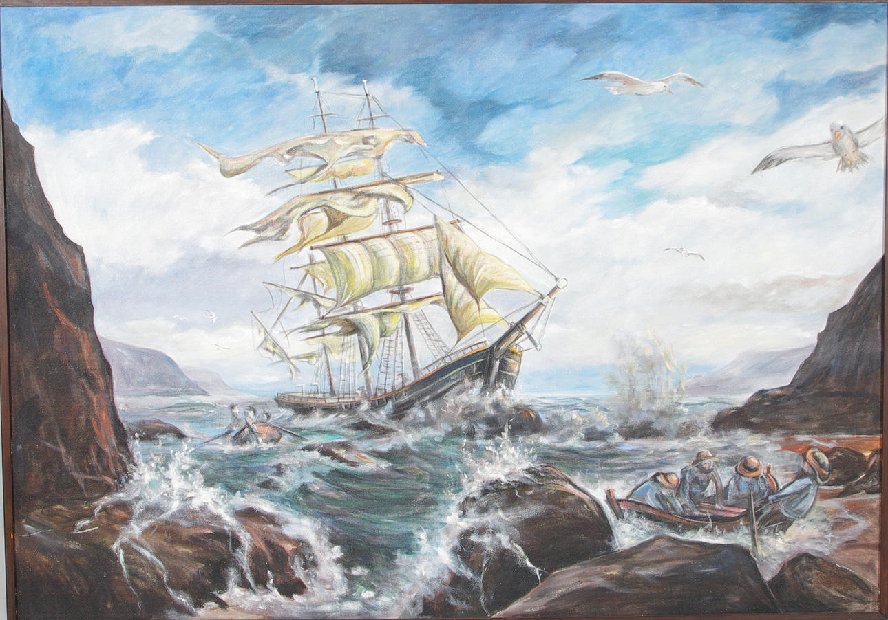 OIDENTIFIERAD KONSTNÄR. Förlist segelfartyg, olja på pannå, osignerad.