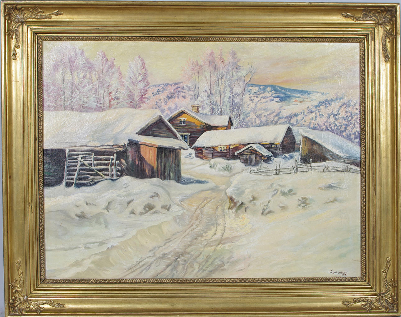 G. JOHANSSON. Gård i vinterlandskap, olja på duk, signerad.