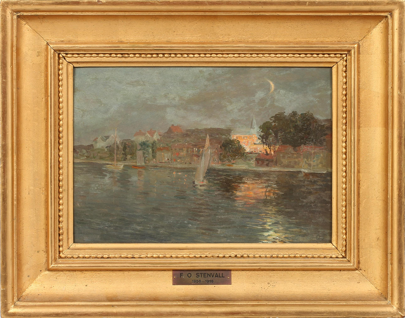 OKÄND KONSTNÄR. Kustmotiv i månljus, olja på pannå, monogramsignerad O.S.18/1900-tal.