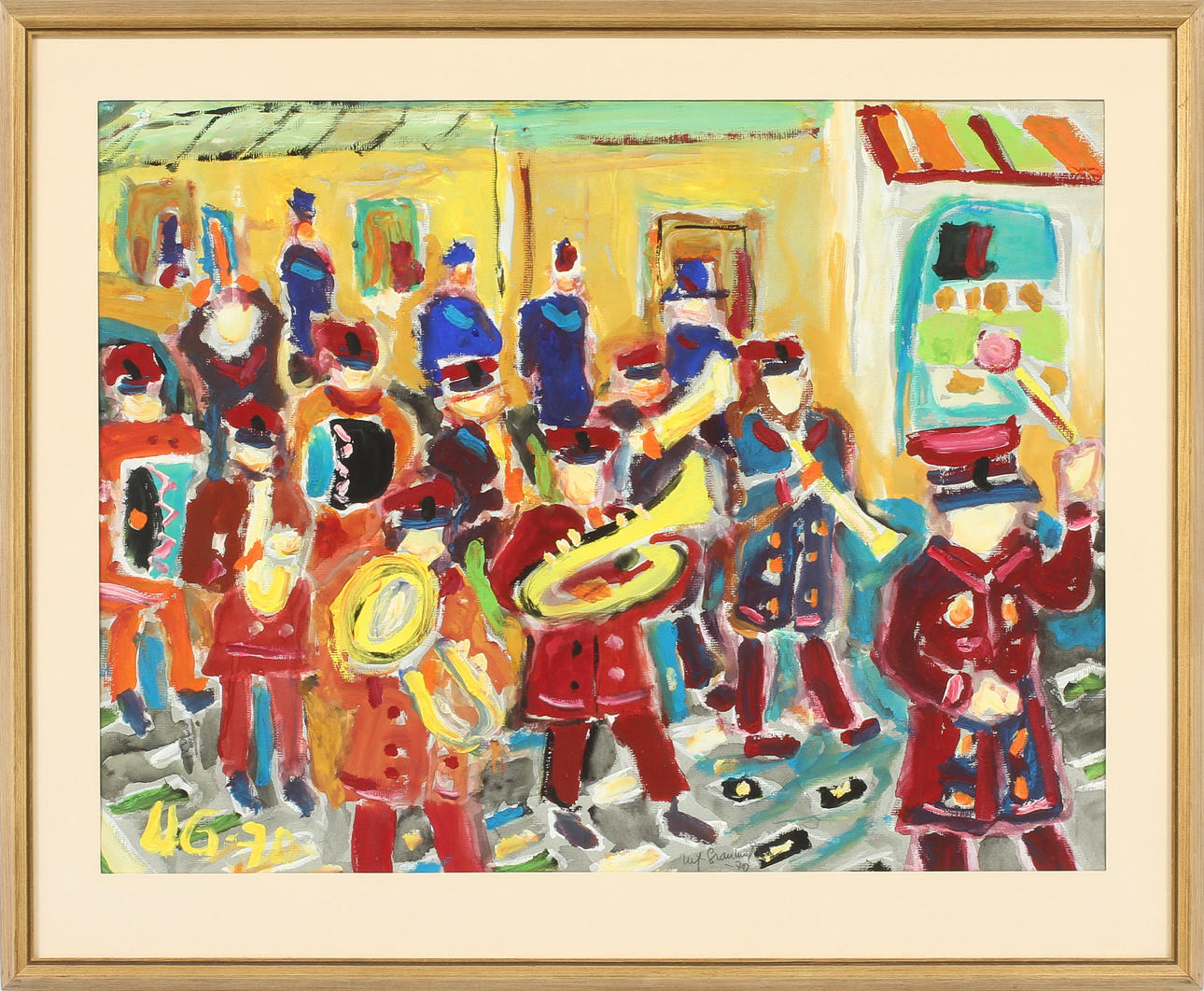 ULF GRANLUND. "Frälsningsarméns gatuparad" a tergo, gouache, signerad och daterad -70.