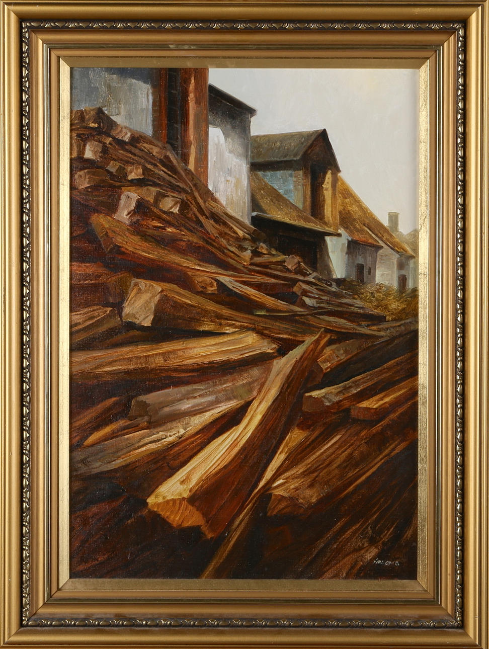 OIDENTIFIERAD KONSTNÄR. Timmerupplag. Olja på duk, otydligt signerad.