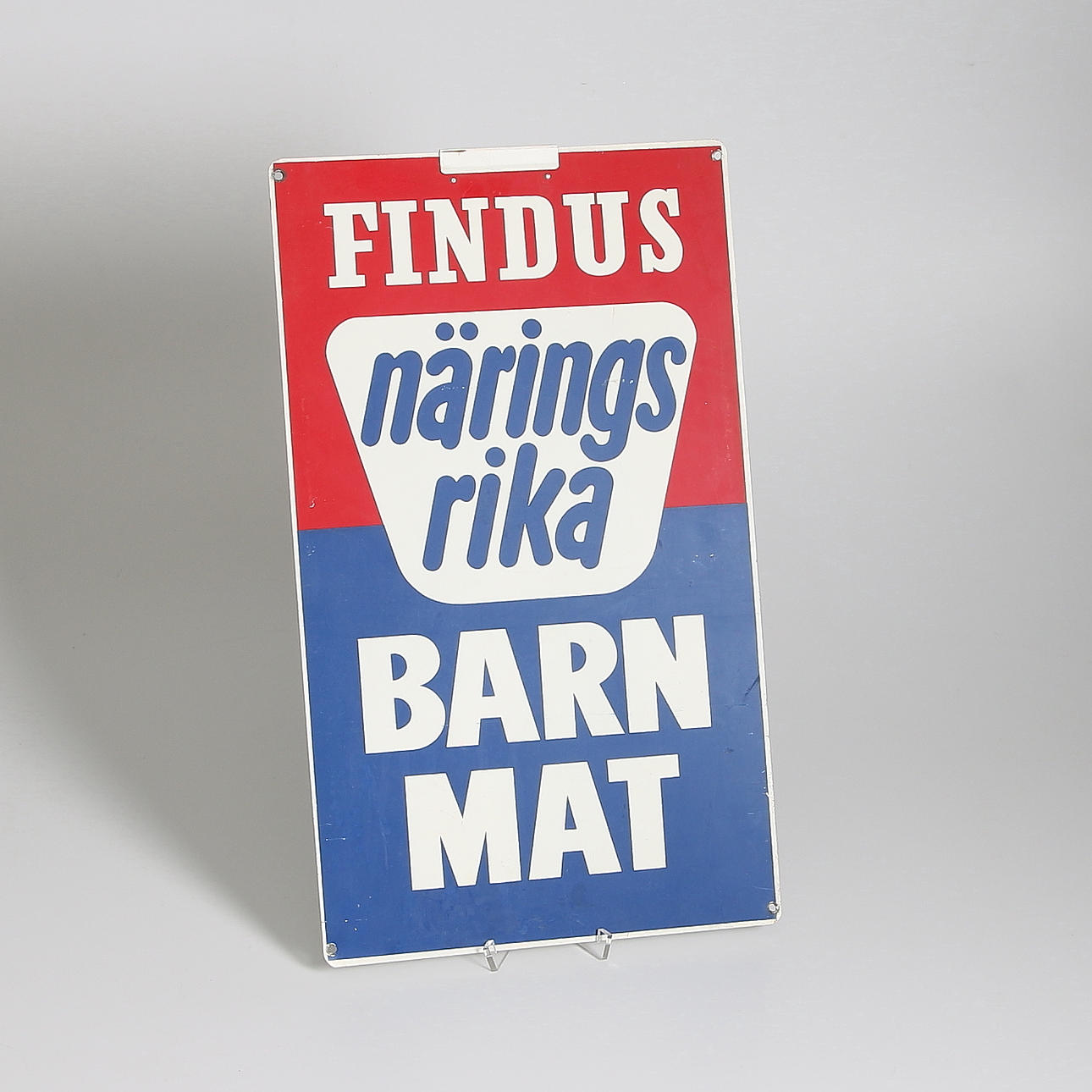 REKLAMSKYLT, plåt, "Findus näringsrika barnmat". 1960-tal.