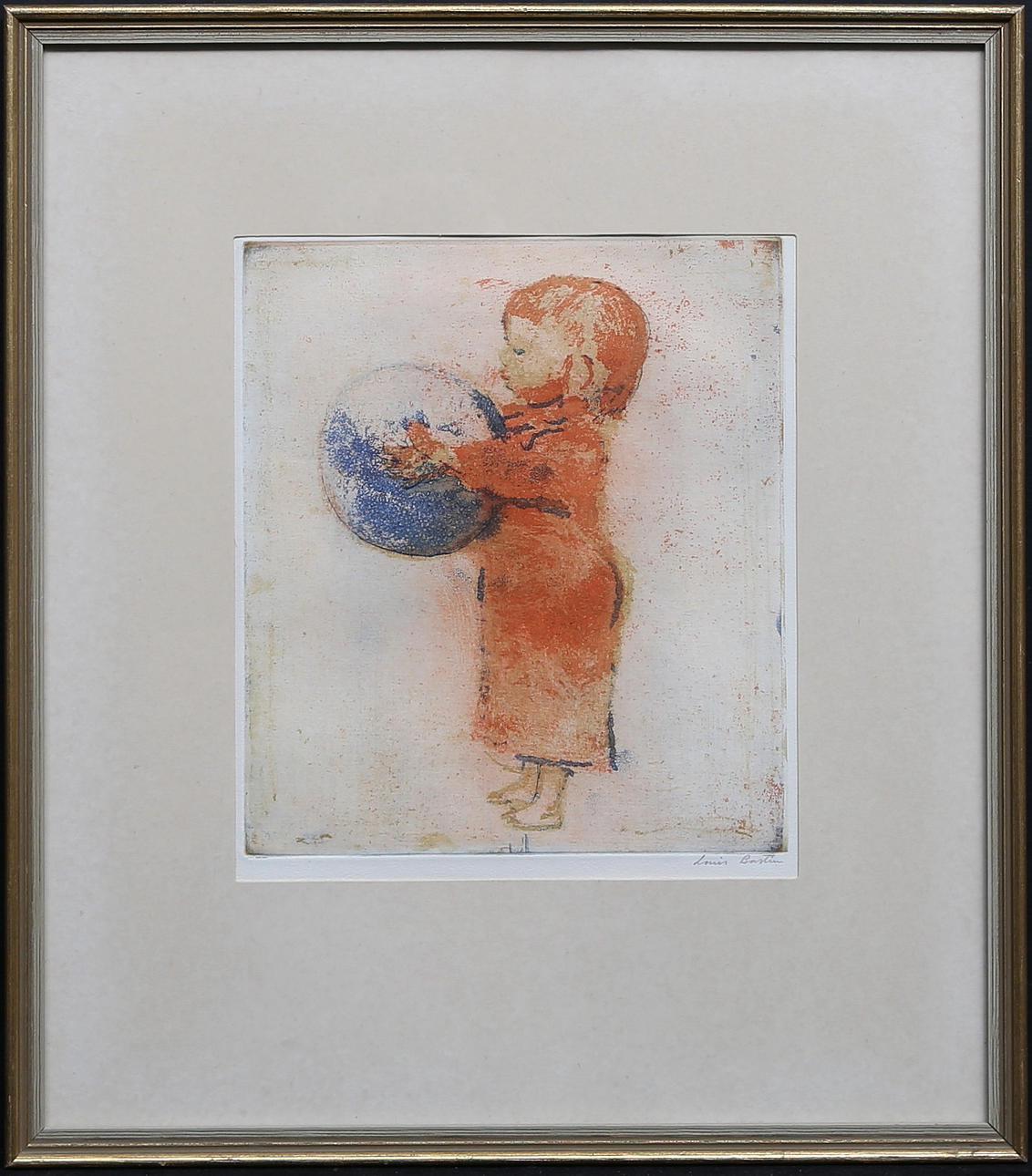 LOUIS BASTIN. Child with ball. Etching, signed.