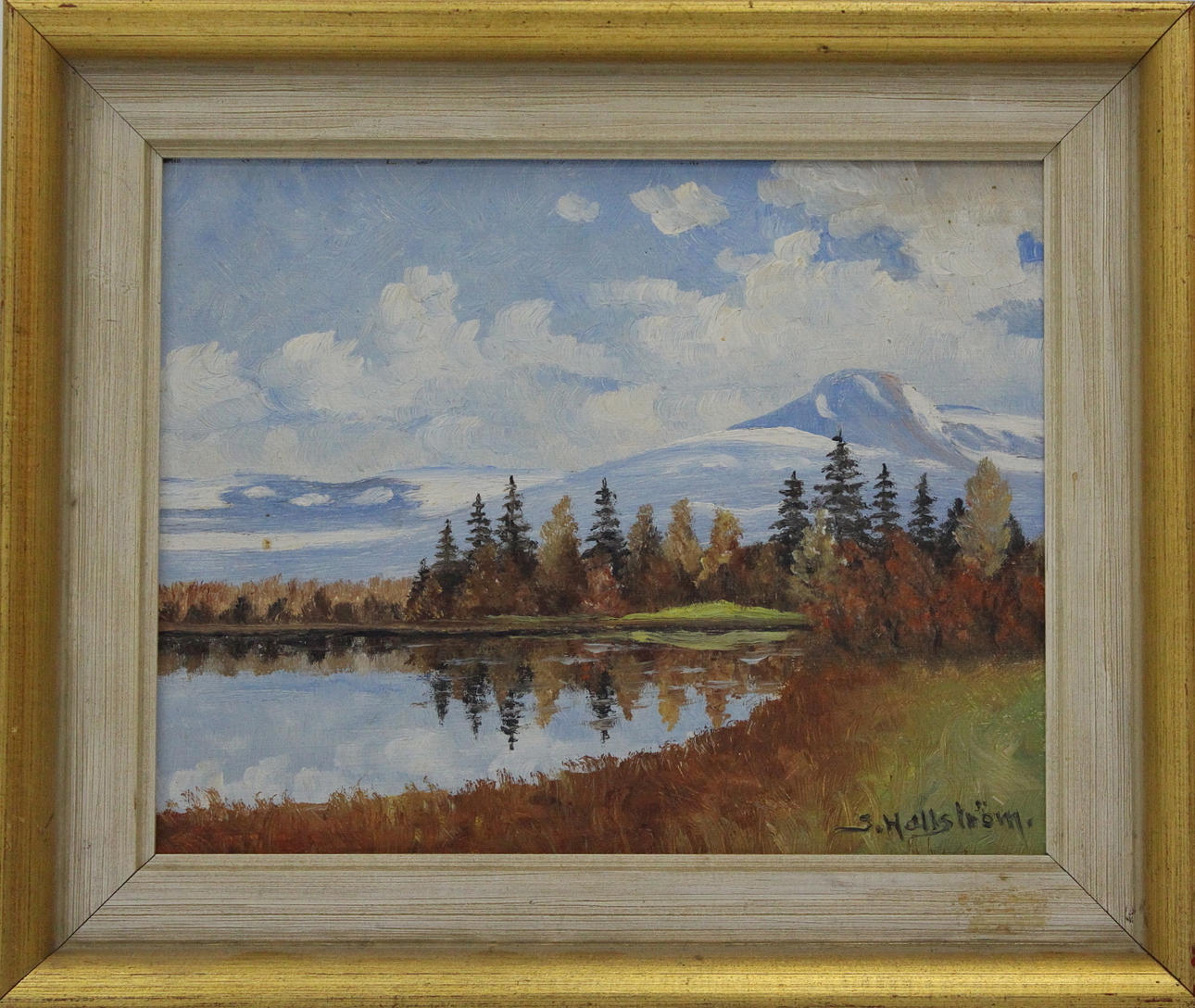 Olja på pannå "sjö strand" signerad S.Hallström.