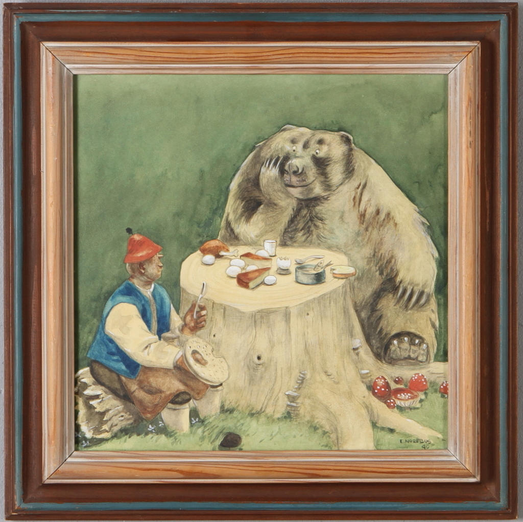 EINAR NORELIUS. Möte med björn, blandteknik, signerad och daterad -40.