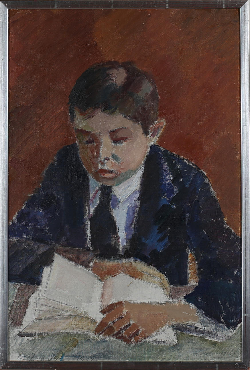 GUSTAV ARNOLDS. Läsande pojke. Olja på pannå. Signerad G Arnolds.