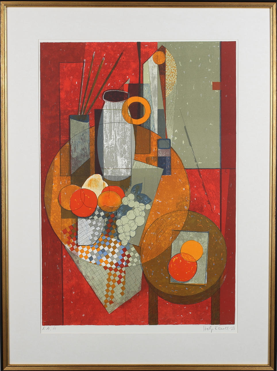 HELGE E RUST. Stillebe. Färglitografi. Signerad och daterad 1977, numrerad E/A 1/1.