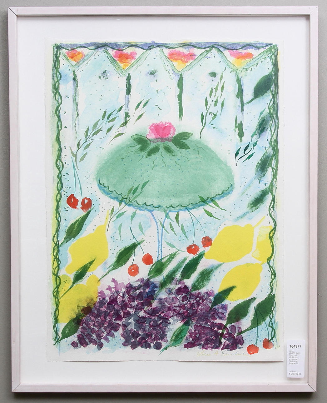 LENA LINDERHOLM. Motiv med körsbär och prinsesstårta. Färglitografi. Signerad.