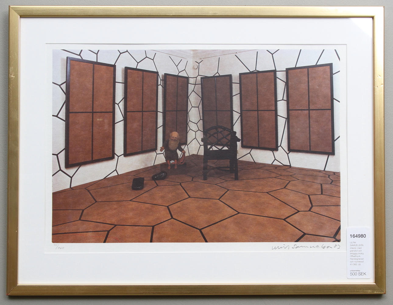 ULRIK SAMUELSON. Interiör med grenstol och skäggig dvärg. Offsettryck. Handsignerad och numrerad 41/360.