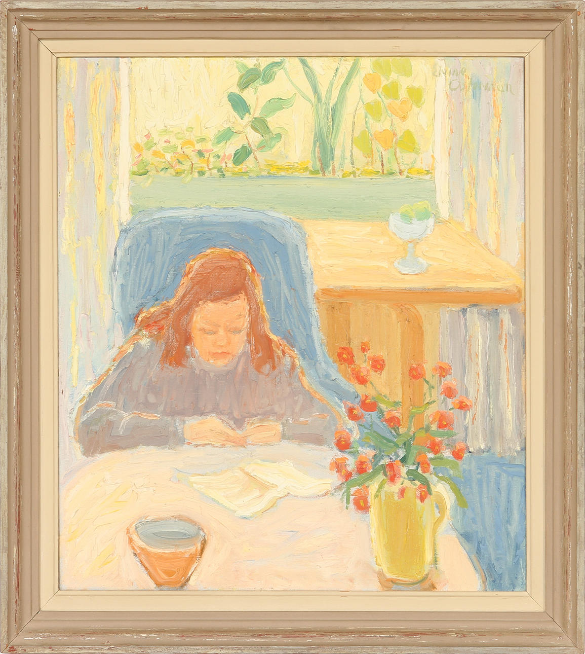 ELVINE OSTERMAN. Flicka i blå stol, olja på duk, signerad.