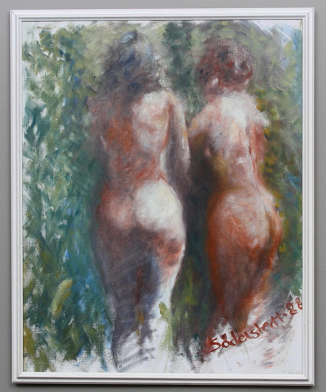 BJÖRN SÖDERSTEDT. Två nakna kvinnor i grönska. Olja på duk. Signerad och daterad -88.