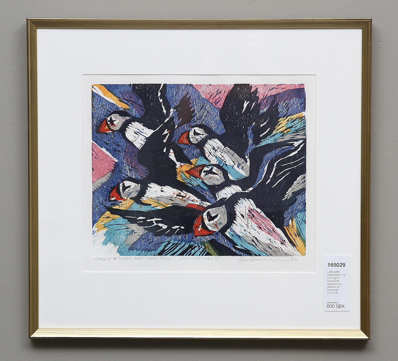 LARS-ERIK KARLSSON. "Fly Lille Fugl II", Färgträsnitt. Signerad och daterad -87. Numrerad 2/100.