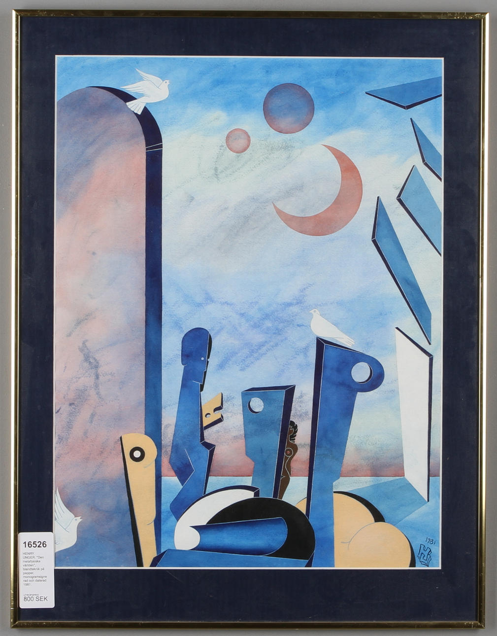 HENRY UNGER. "Den metafysiska världen", blandteknik på papper, monogramsignerad och daterad 1981.