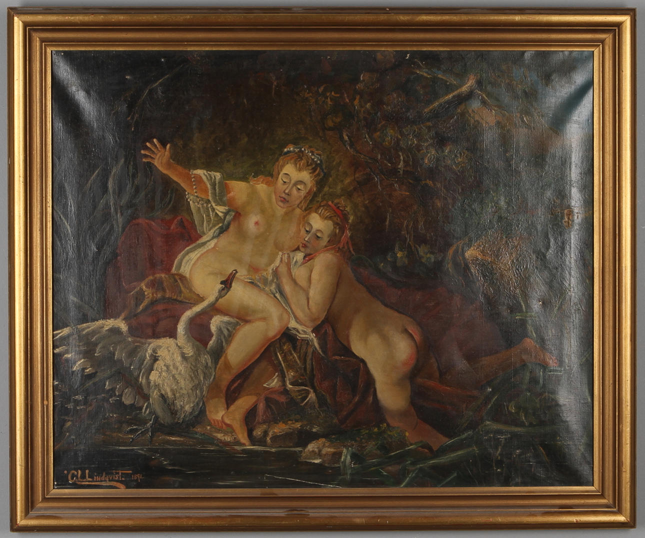CARL LINDQVIST. "Leda och svanen", olja på duk, signerad och daterad 1891.