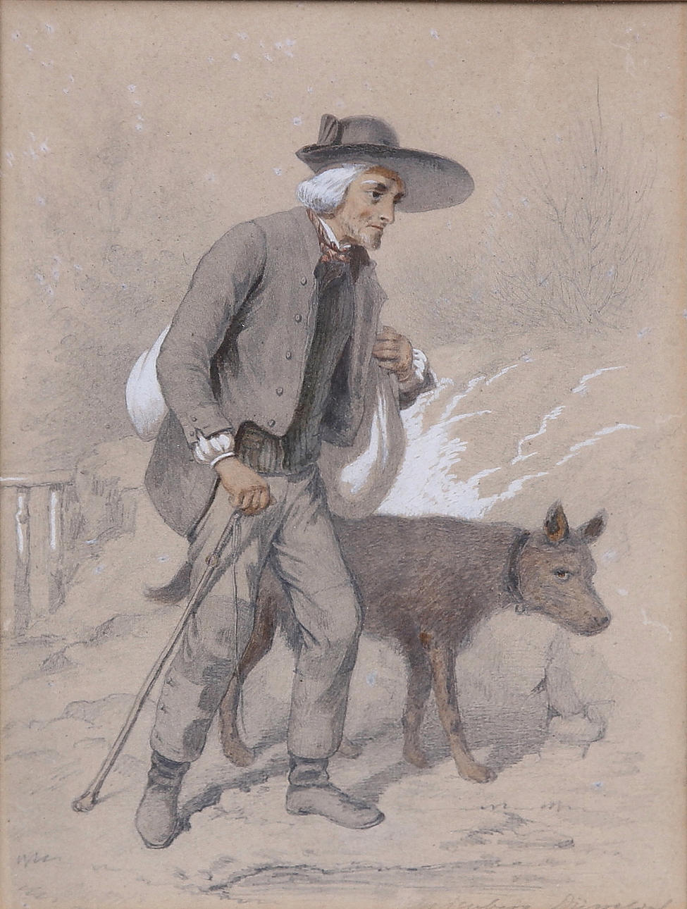 BENGT NORDENBERG. Motiv med man i hatt och hund. Akvarellerad blyertsteckning. Signerad B.Nordenberg.