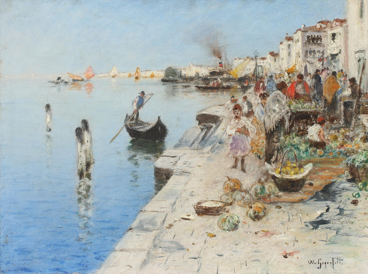 WILHELM VON GEGERFELT. Marknad på kaj i Venedig. Olja på duk. Signerad.