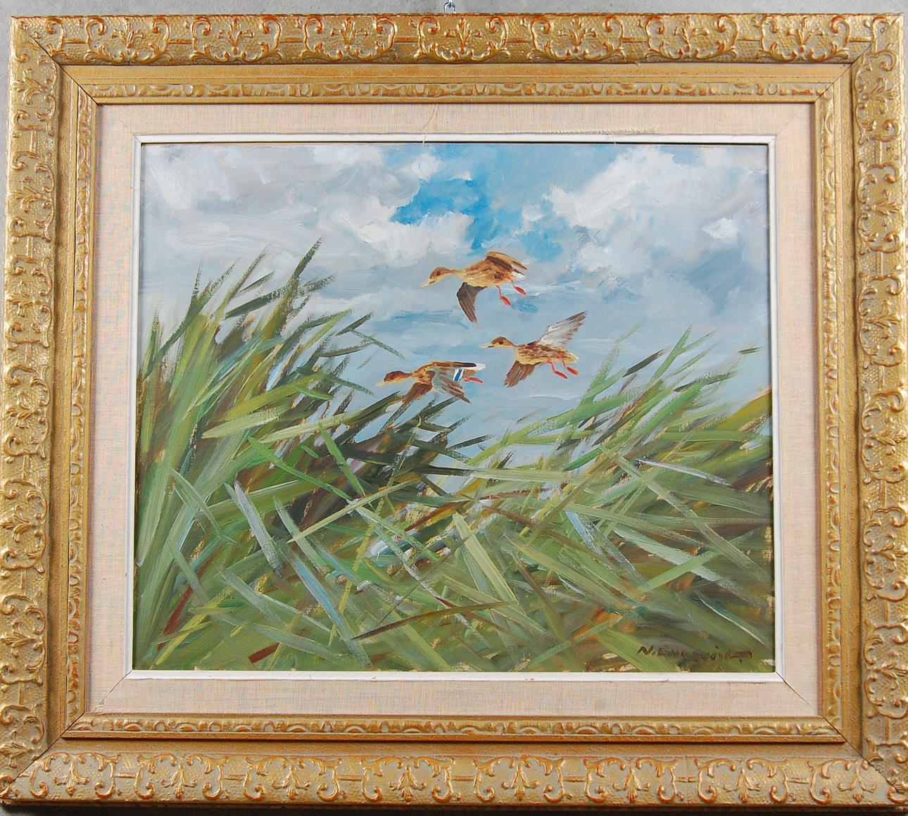 NILS ENGQVIST. olja på duk, " Fällande änder " signerad.