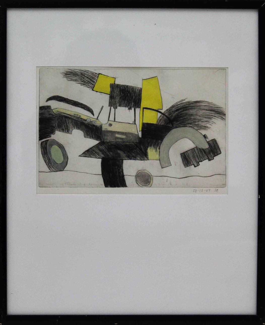 STEN EKLUND. Demolerad bil. Handkolorerad etsning. Signerad S E och daterad 27-12-64. Ramad.
