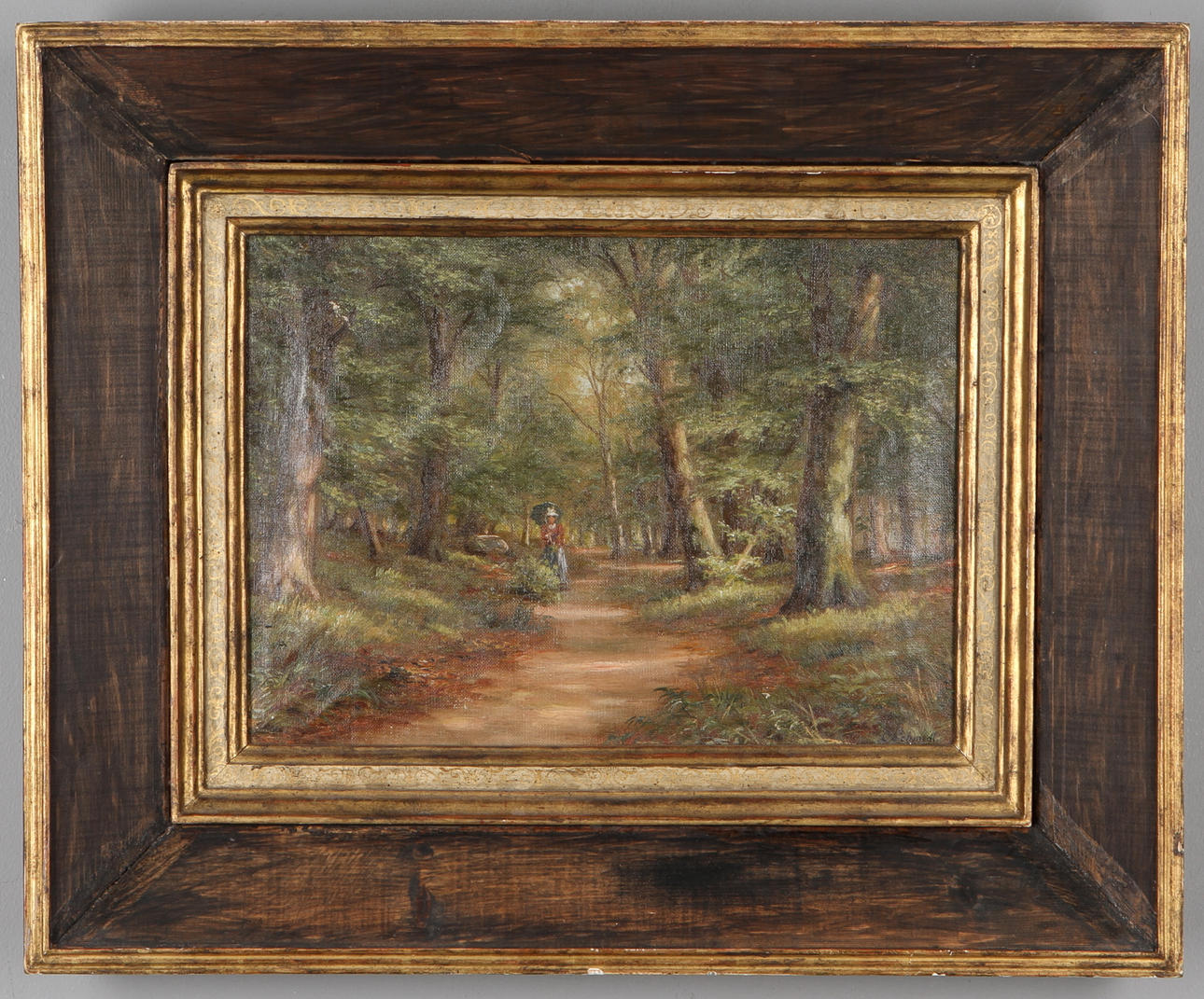 OKÄND KONSTNÄR. Kvinna på promenad, olja på duk, signerad C Schmidt.