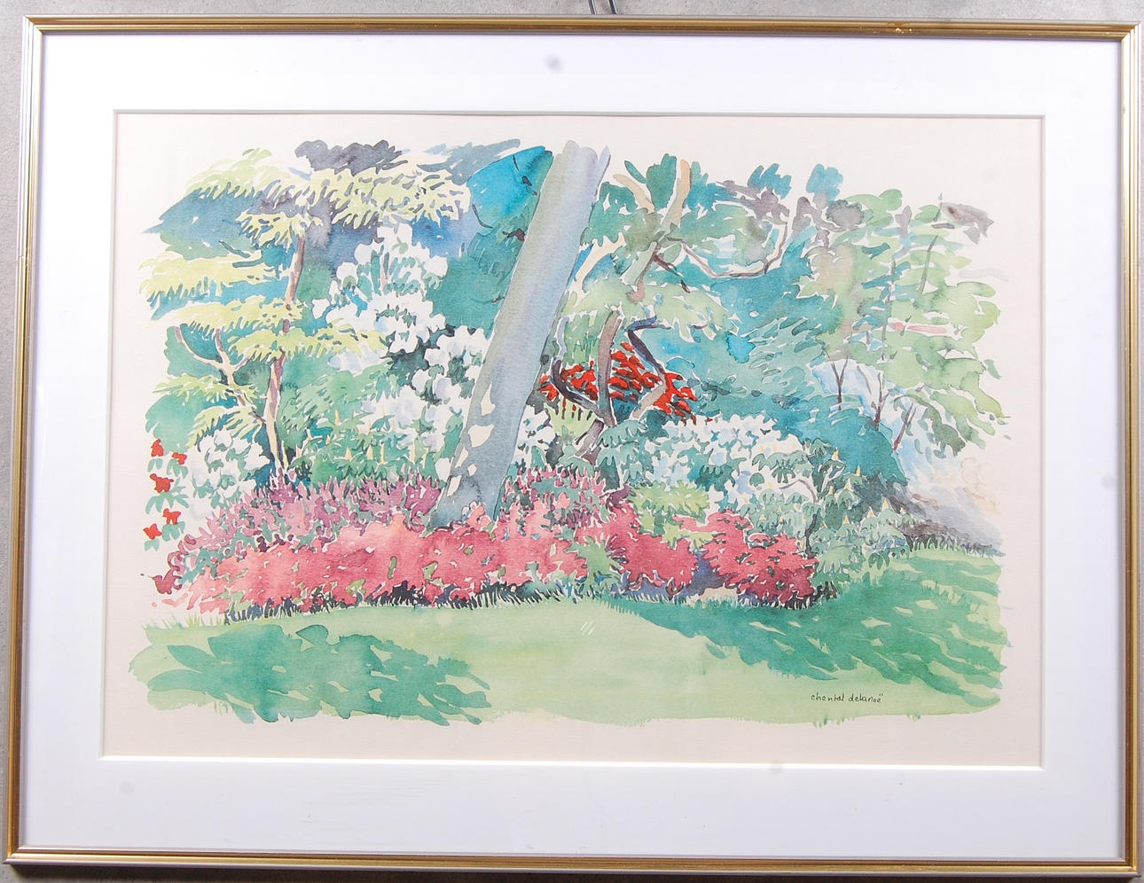 CHANTAL DELANOË. akvarell, " Trädgård i sommarskrud " signerad.
