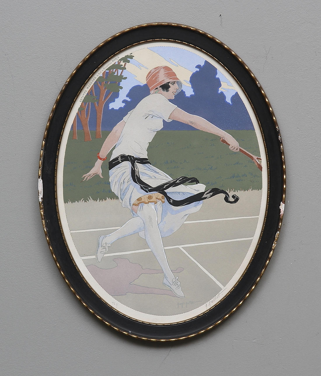 GEORGES GRELLET. Motiv med kvinnlig tennisspelerska. Pochoir, signerad och numrerad 169. 1920-tal.