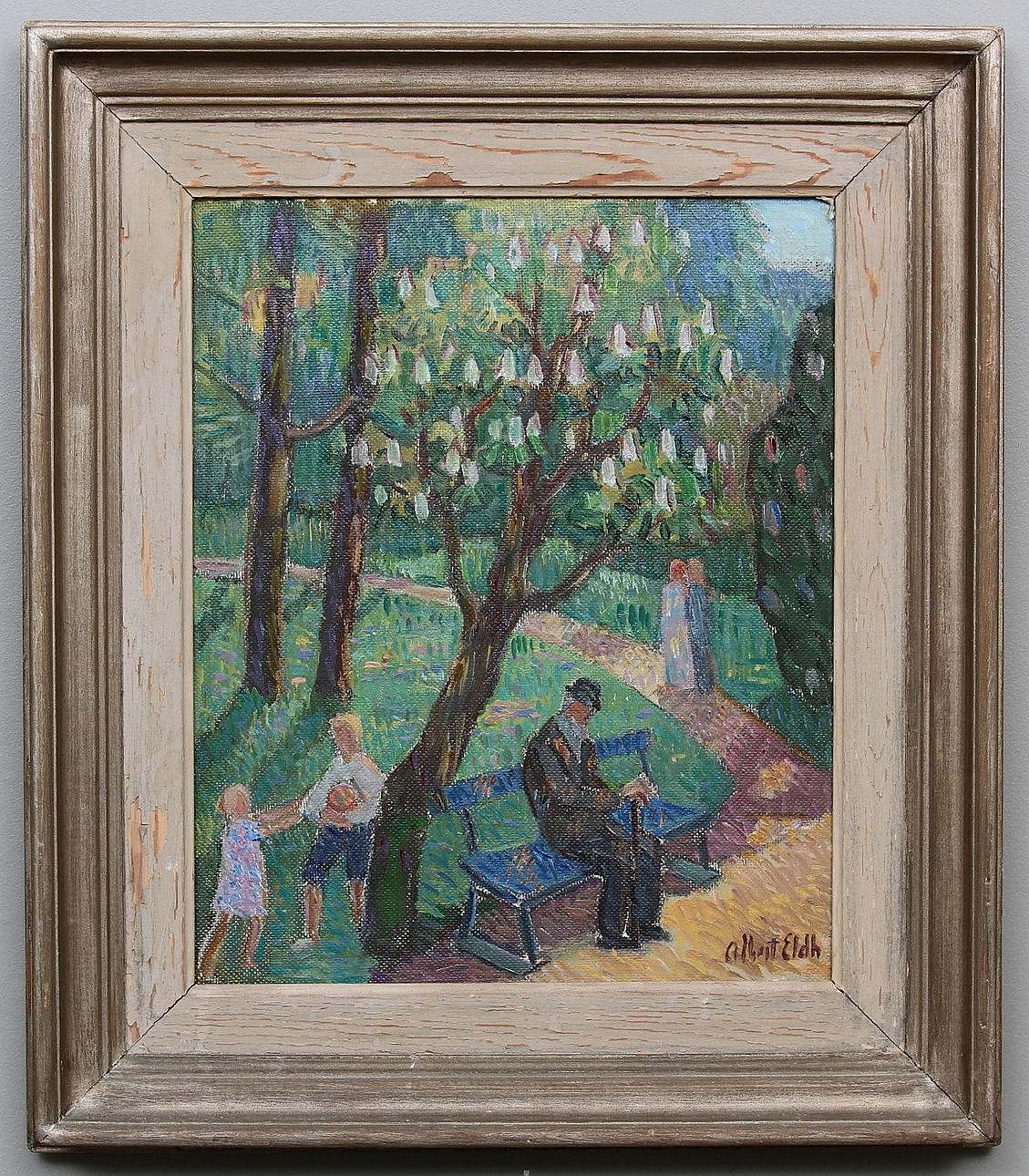 ALBERT ELDH. Parklandskap med lekande barn. Olja på duk. Signerad.