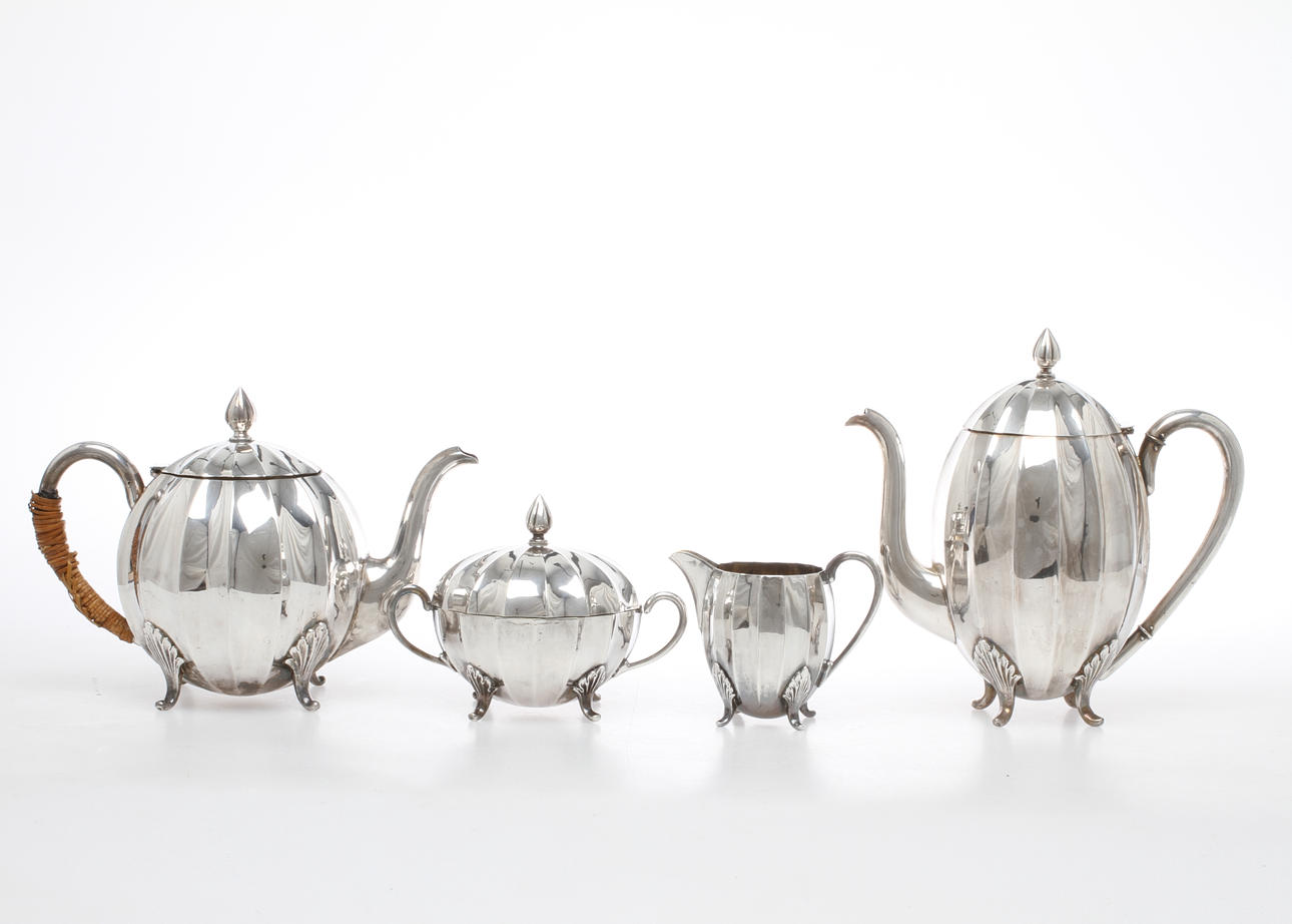 KAFFESERVIS, 4 delar, nysilver, C.G. Hallberg, 1900-talets första hälft.
