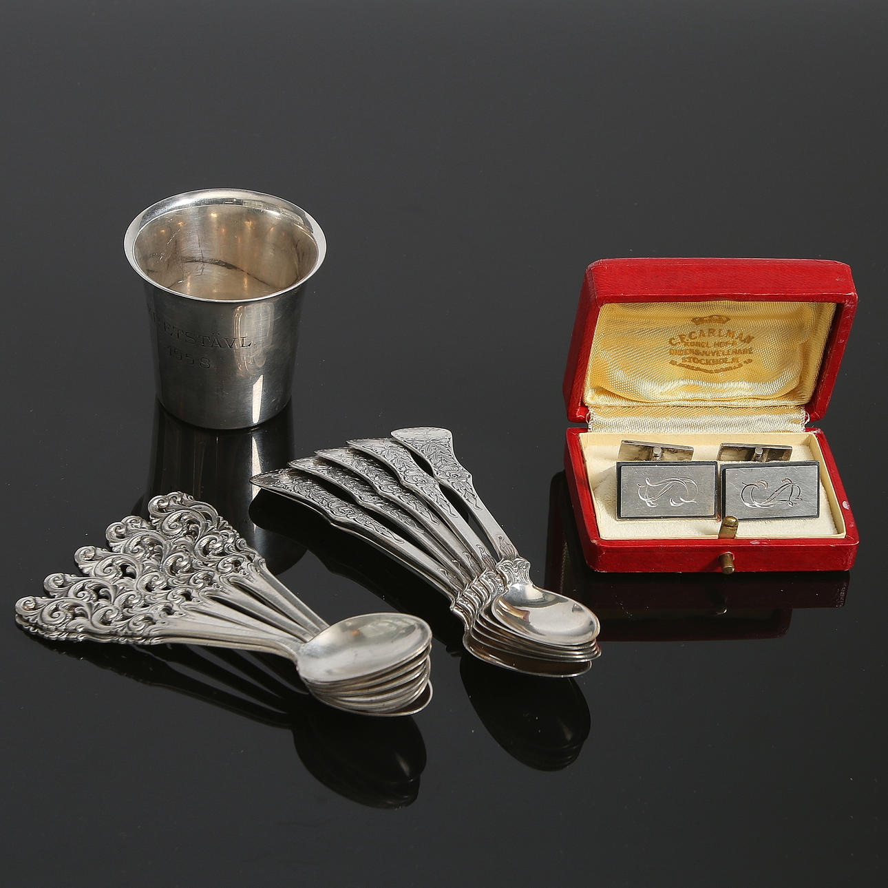 PARTI SILVER, 15-delar, bl.a. Stigbert, Stockholm. Vikt 173 gram.