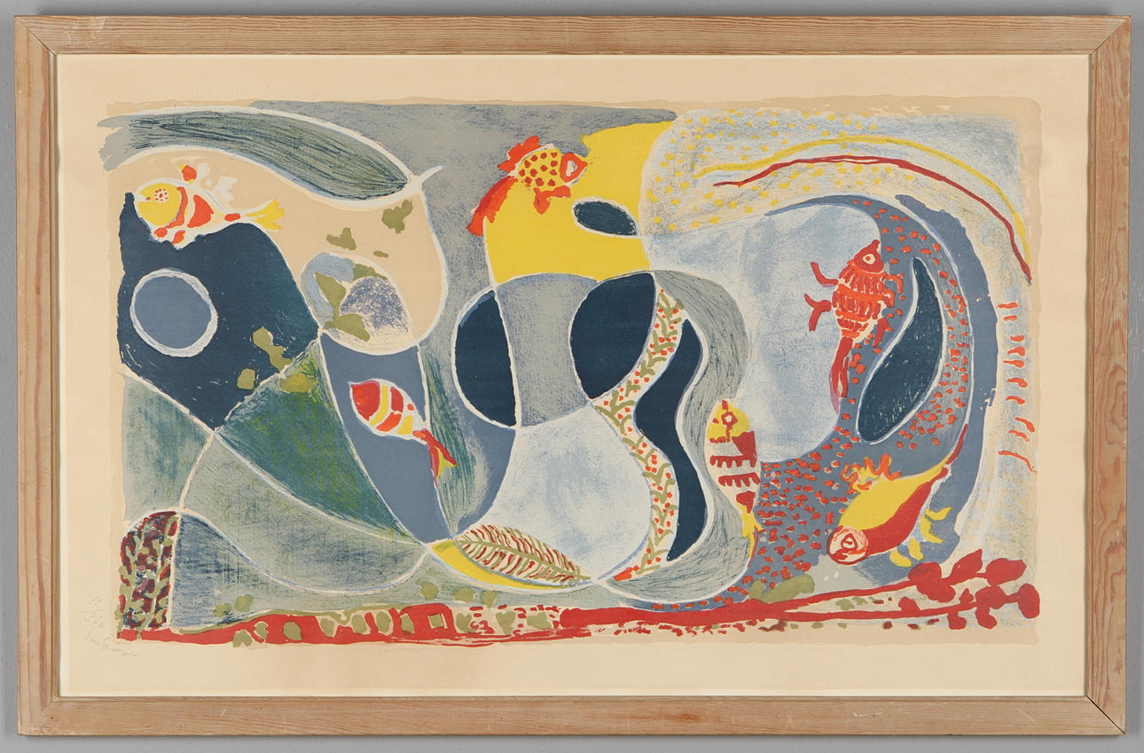 SVEN ERIXSON. Komposition med fiskar, färglitografi, signerad och numrerad 12/360.