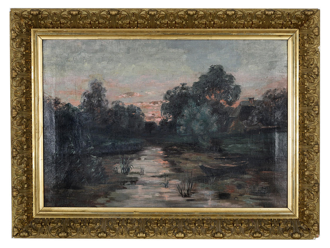 KONRAD ALEXANDER MÜLLER-KURZWELLY. Summery evening atmosphere with pond and farmstead. Oil on canvas.