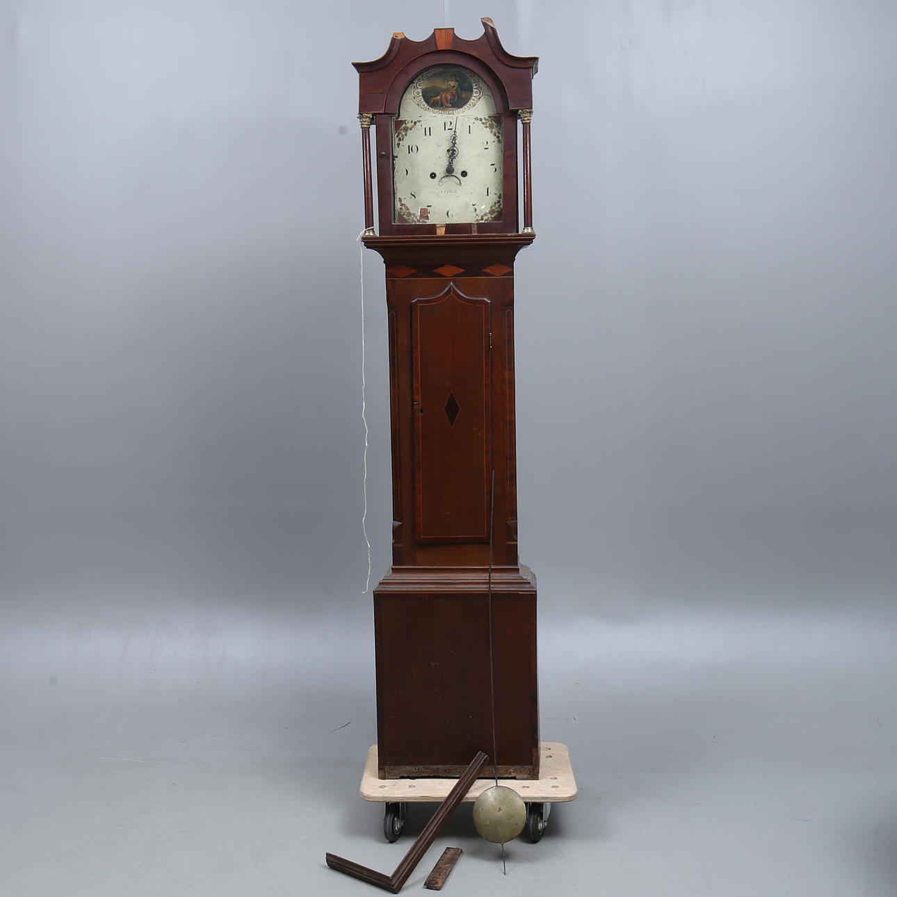 FLOOR clock, painted dial with indistinct signature, England, 19th century.