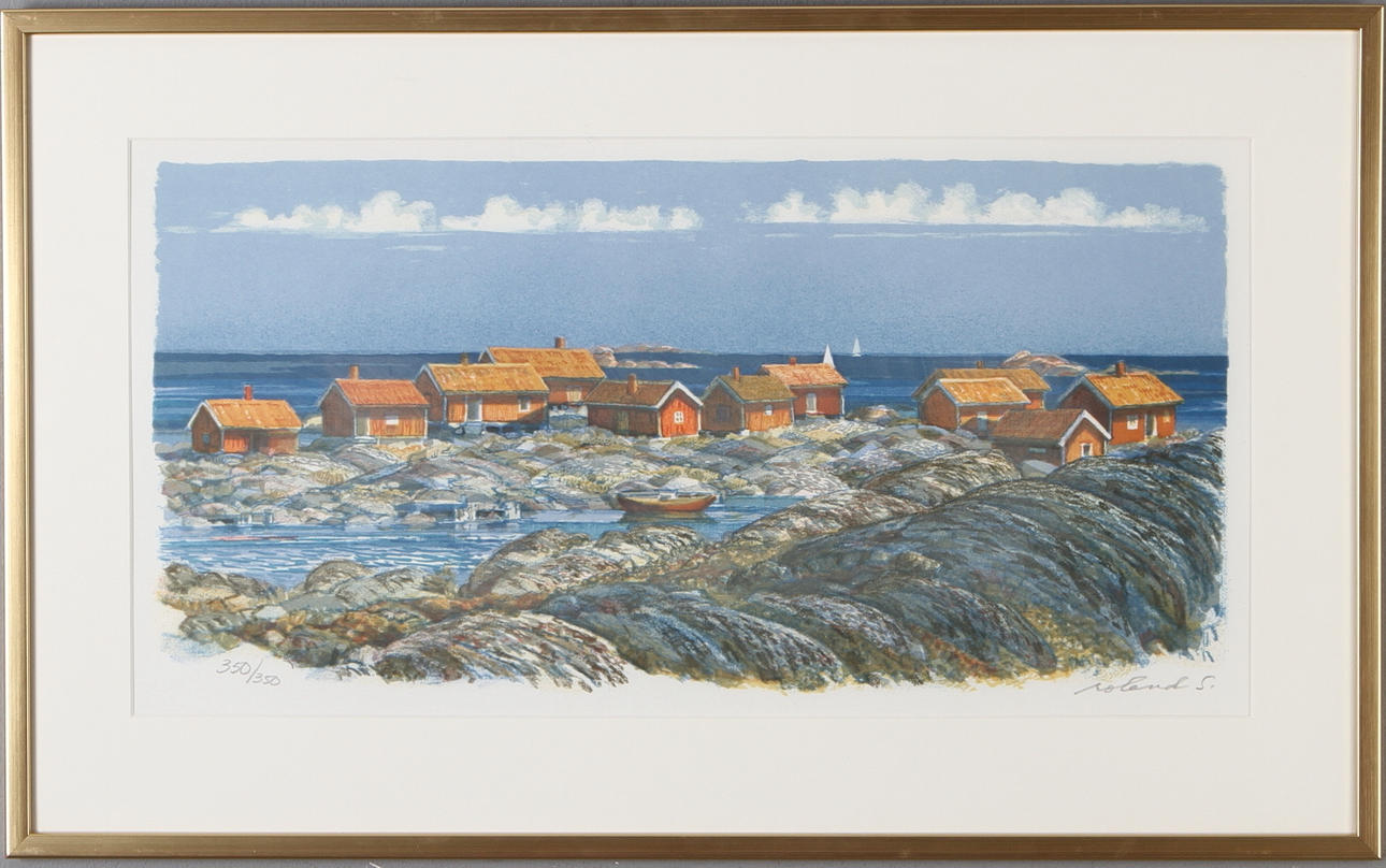 ROLAND SVENSSON. "Röder utskärgård", färglitografi, signerad och numrerad 350/350.