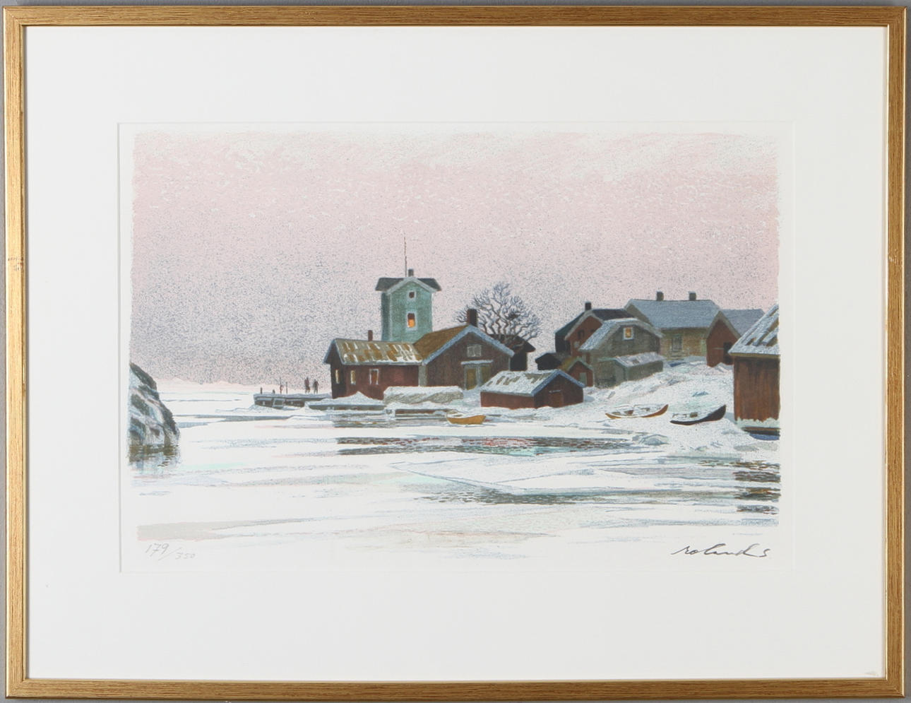 ROLAND SVENSSON. "Vinter i Sandhamnshålet", färglitografi, signerad och numrerad 179/350.