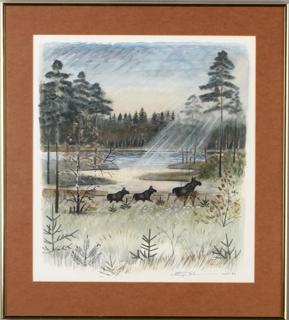 GREGER JOHANSSON. Älgar i motljus, akvarell, signerad och daterad sent -86.