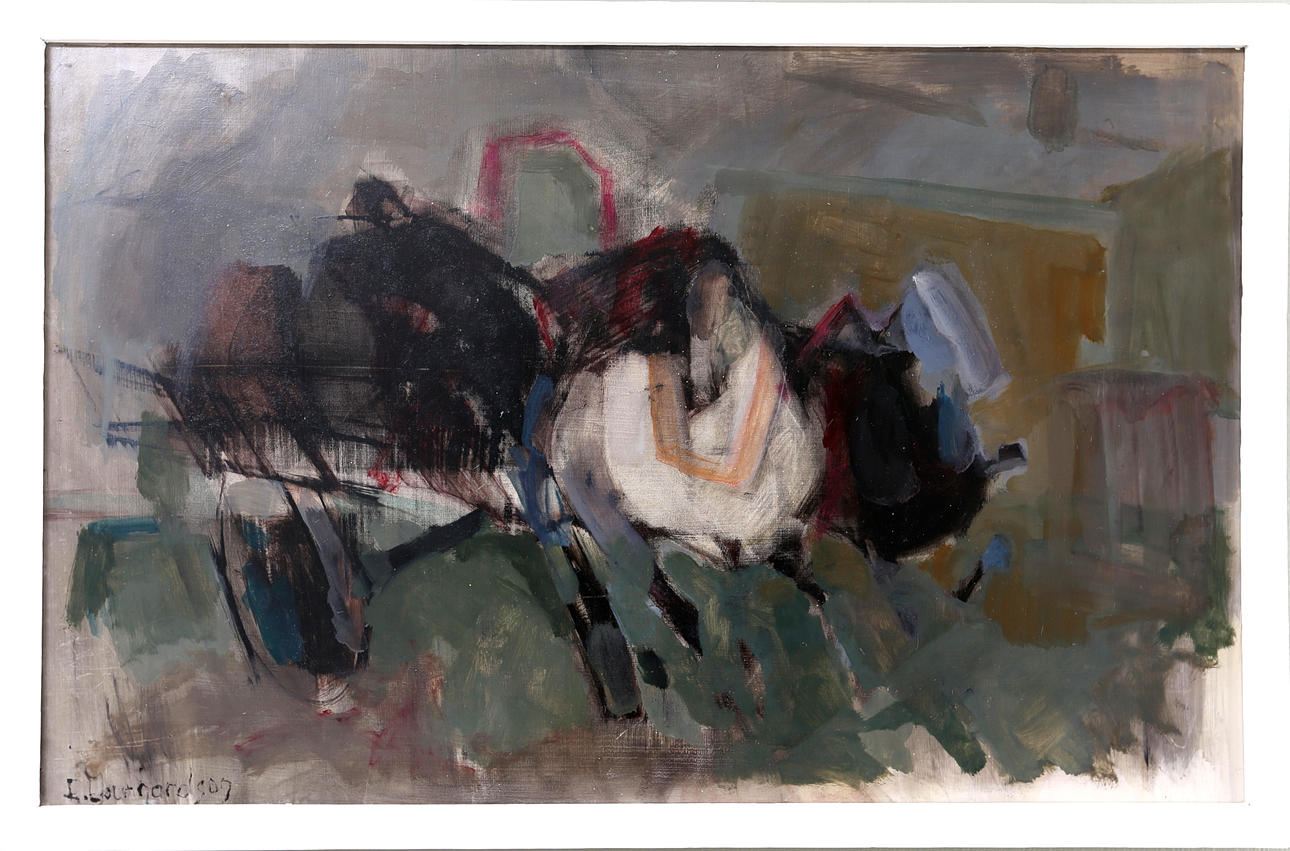 EBBE EBERHARDSON. Häst och vagn, olja på pannå, signerad E Eberhardson.