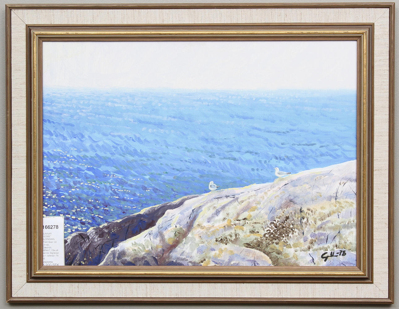 GUNNAR "GEBBE" BJÖRKMAN. "Fiskmåsar vid Orrnäs, Ödeshög, Vättern". Olja på pannå. Signerad och daterad -78.