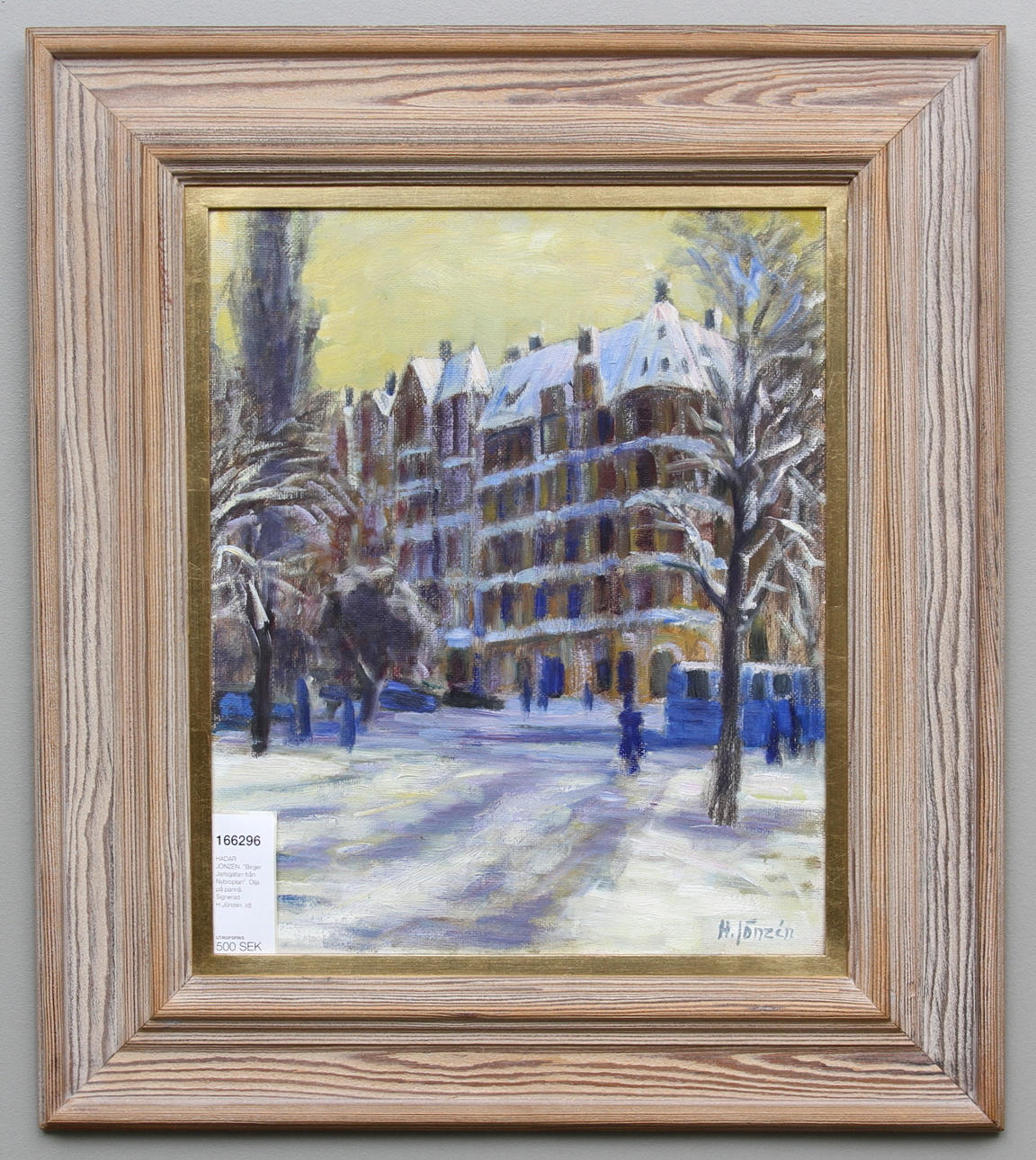 HADAR JÖNZÉN. "Birger Jarlsgatan från Nybroplan". Olja på pannå. Signerad H.Jönzén.