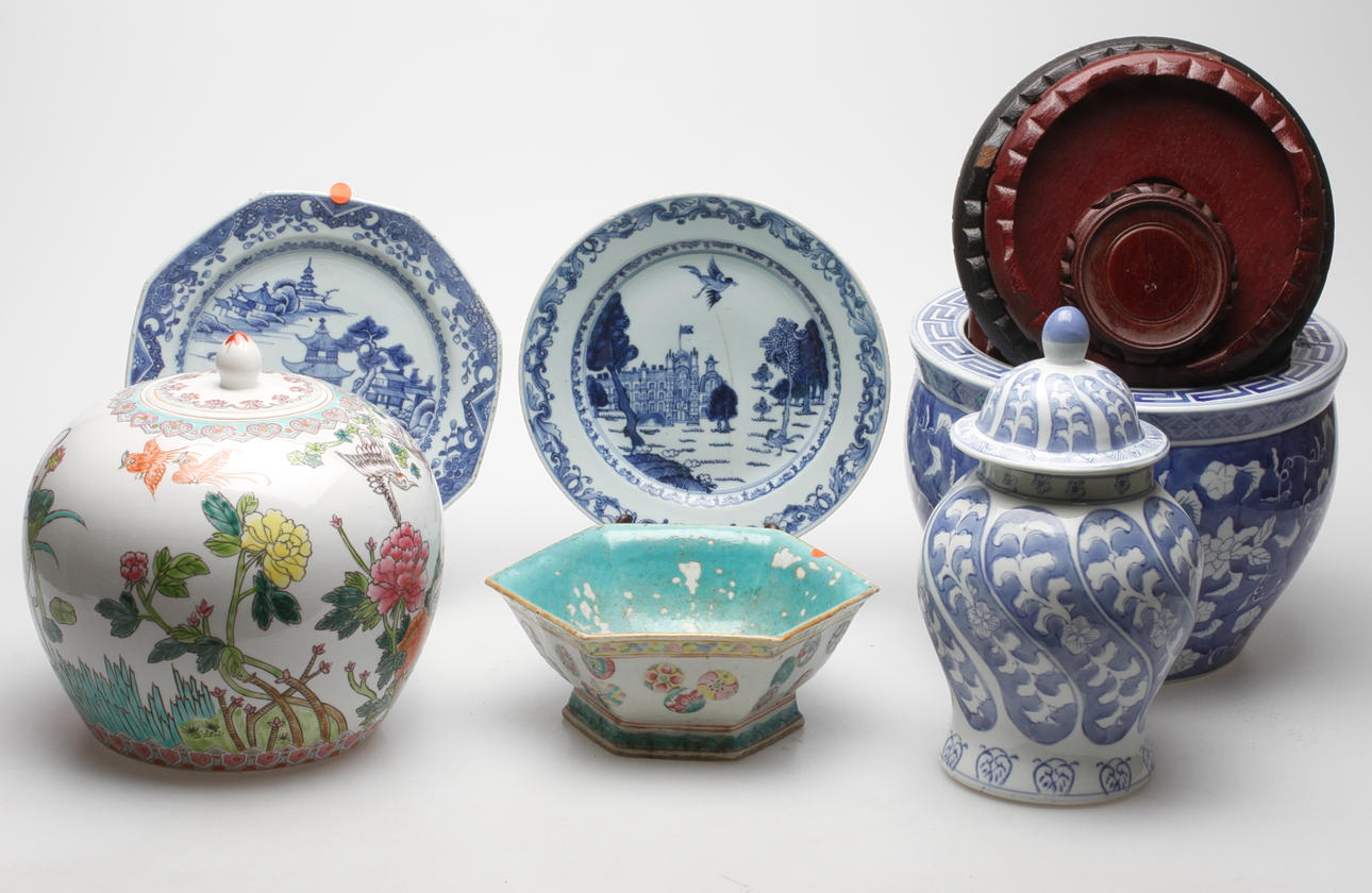 OSTINDISKT PORSLIN, 6 delar, 1700-1900-tal.