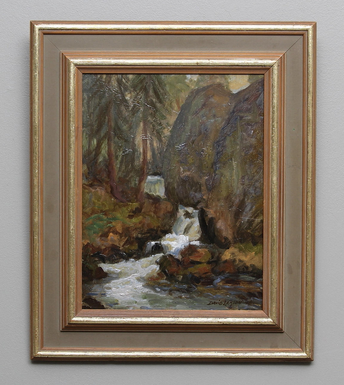 DAVID LARSON. Landskap med bäck. Olja på pannå. Signerad och daterad -48.