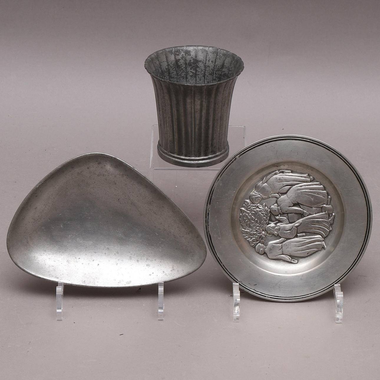 VASE & PLATE, 3 parts, pewter, Just Andersen, Denmark.