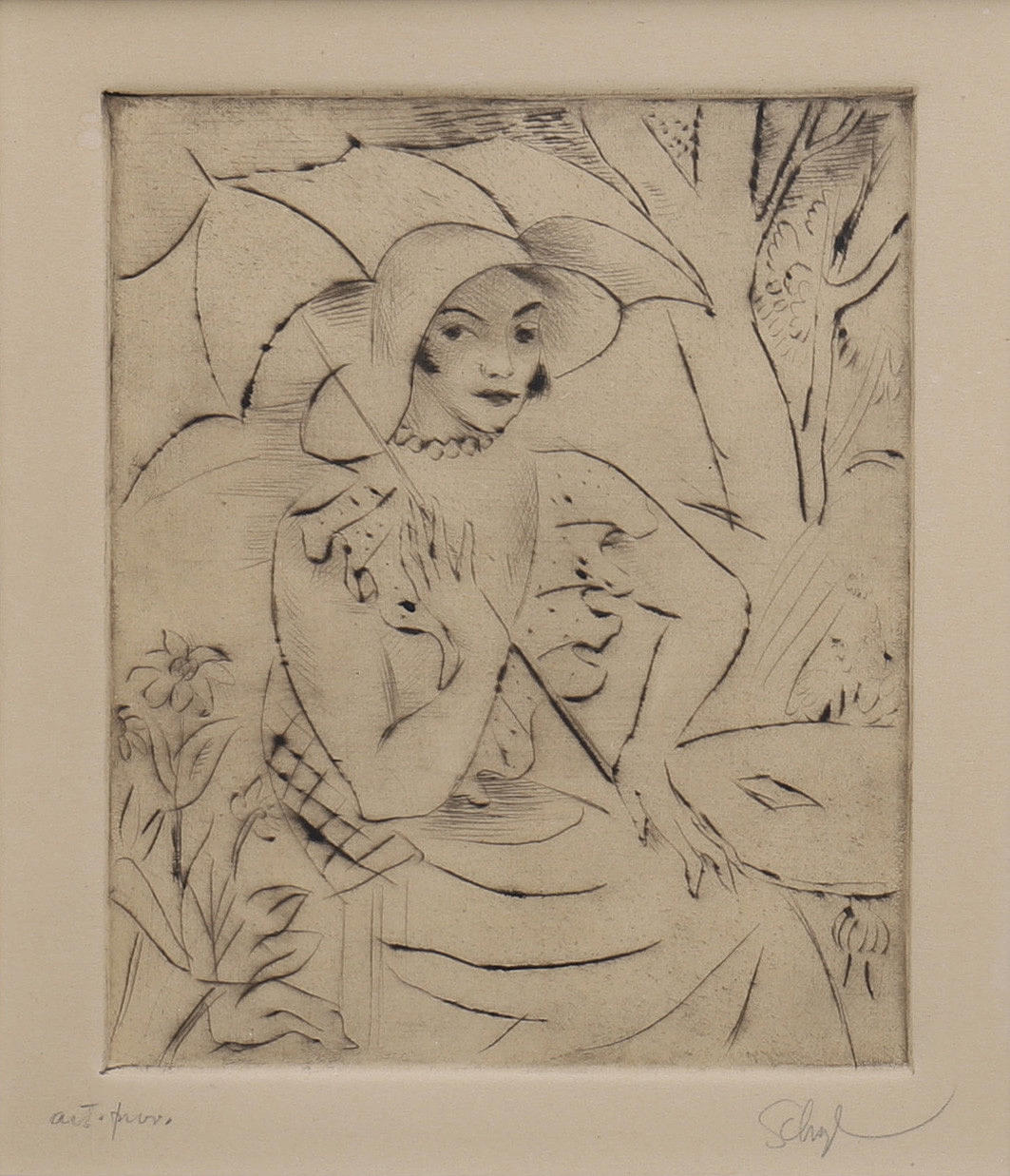 JULES SCHYL. KVINDE MED PARAPLY, radering.