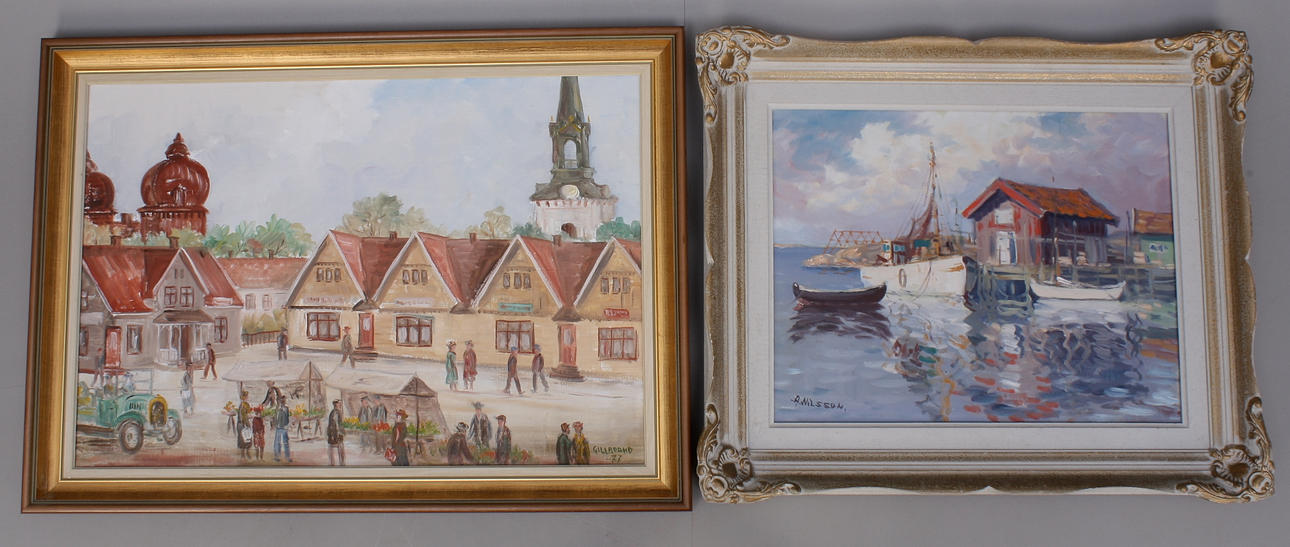 TAVLOR, 2 st, olja på duk, signerade, A Nilsson / Gillbrand.