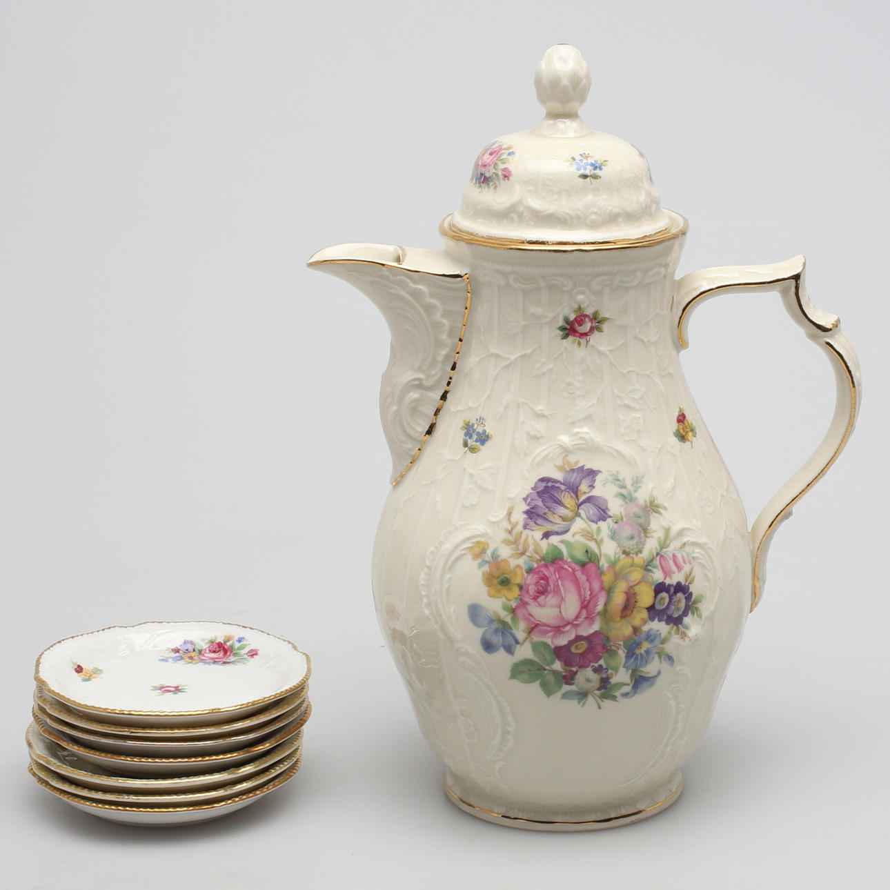 KAFFEKANNA med 7 st små tallrikar, Sanssouci, Rosenthal.