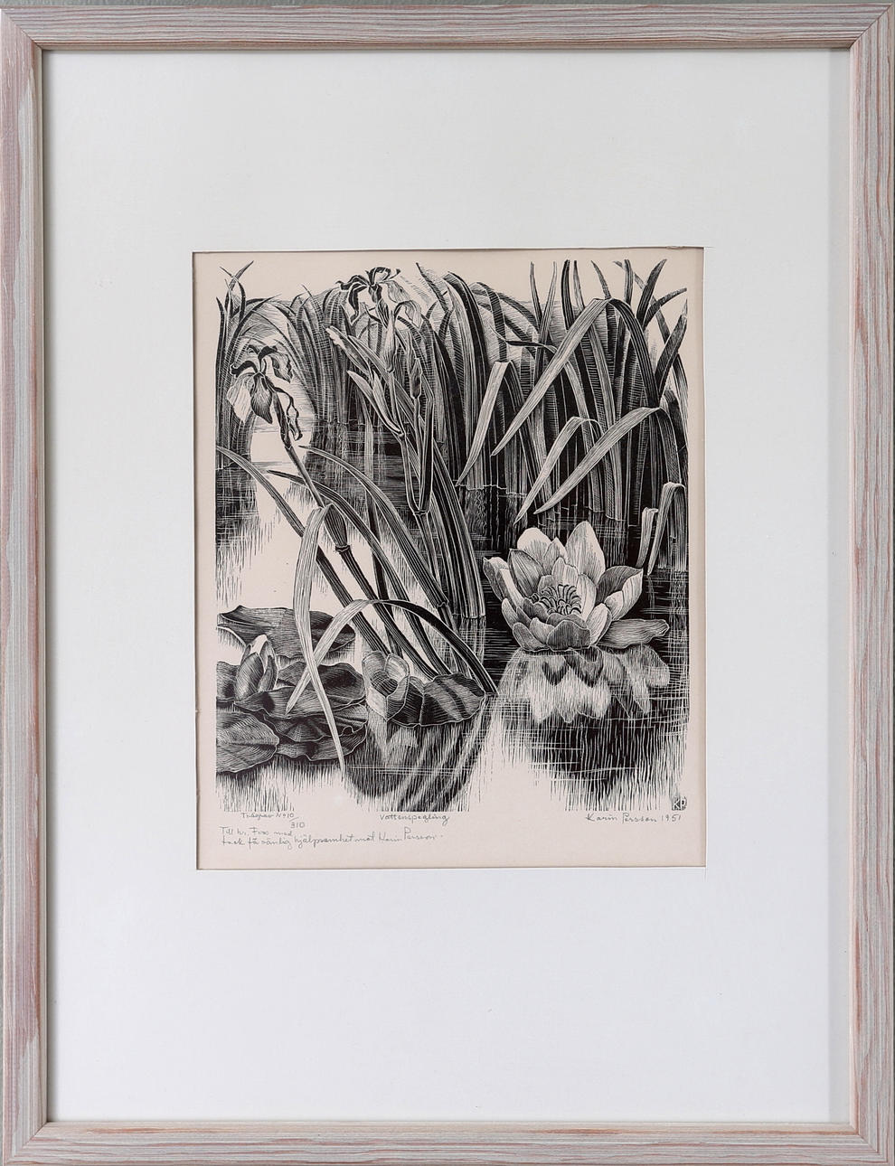 KARIN PERSSON. "Vattenspegling", träsnitt, n:o 10/310, signerat Karin Persson.