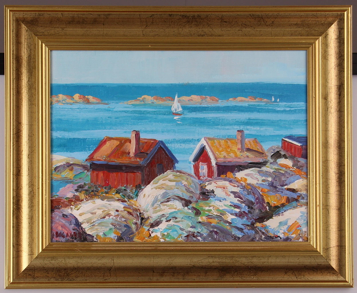 ISTVAN BOGNAR. olja på duk, stugor i skärgårdsmiljö, signerad.